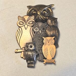 K&T Marked Three Tone Mixed Metal Six Owl Brooch